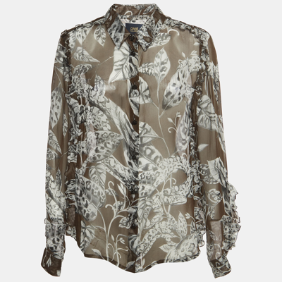 Pre-owned Class By Roberto Cavalli Brown Floral Print Silk Ruffled Semi Sheer Shirt L