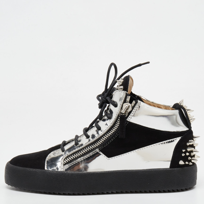Pre-owned Giuseppe Zanotti Black/silver Suede And Patent Leather Studded Jimbo Mid Top Trainers Size 40