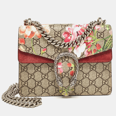 Pre-owned Gucci Burgundy/beige Gg Supreme Canvas And Suede Mini Blooms Dionysus Shoulder Bag