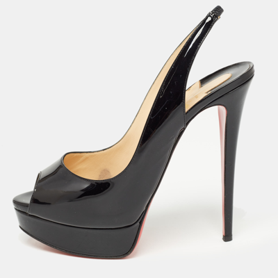Pre-owned Christian Louboutin Black Patent Leather Lady Peep Slingback Pumps Size 40