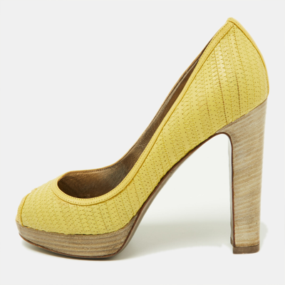Pre-owned Valentino Garavani Yellow Embroidered Leather Peep Toe Platform Pumps Size 37