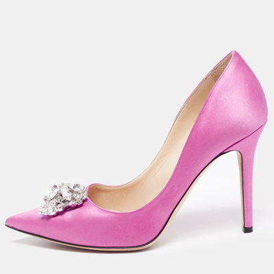 Pre-owned Jimmy Choo Pink Satin Manda Crystal Embellished Pointed Toe Pumps Size 37.5