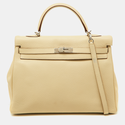 Pre-owned Hermes Parchemin Taurillon Clemence Leather Palladium Finish Kelly Retourne 35 Bag In Cream