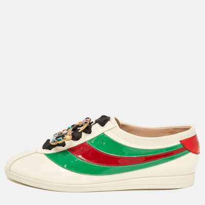Pre-owned Gucci Tricolor Patent Falacer Crystal Embellished Low Top Sneakers Size 38 In Cream