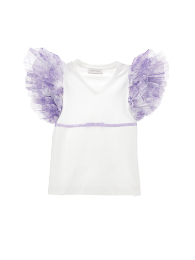 Monnalisa Kids'   T-shirt With Tulle Sleeves In Cream + Wisteria