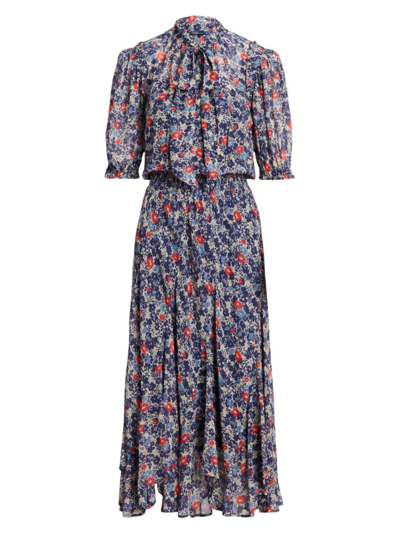 Polo Ralph Lauren Floral Tie-neck Georgette Midi Dress In Red Blue Floral