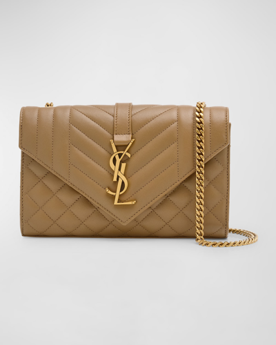 Saint Laurent Envelope Triquilt Small Ysl Shoulder Bag In Smooth Leather In Dark Cork