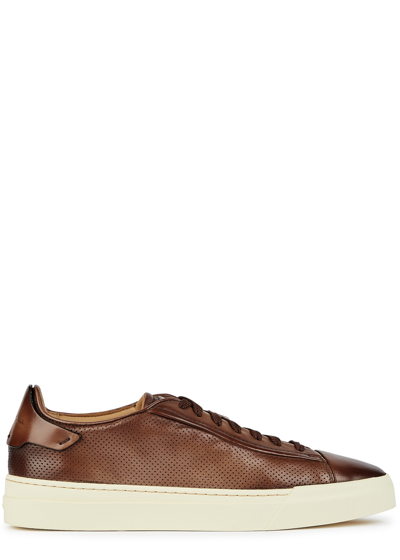 Santoni Ducting Perforated Leather Sneakers In Brown