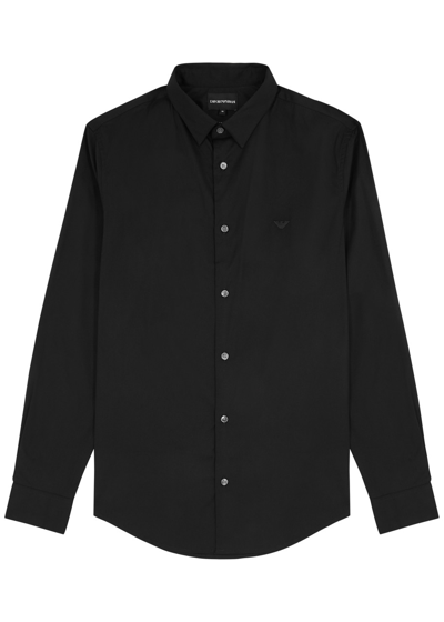 Emporio Armani Logo-embroidered Stretch-cotton Poplin Shirt In Black
