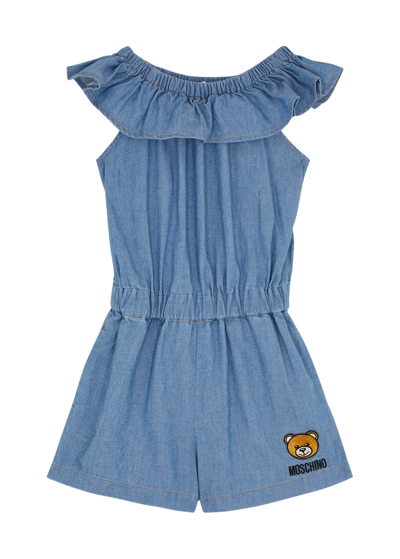 Moschino Kids' Teddy Bear-embroidered Playsuit In Eclipse Blue