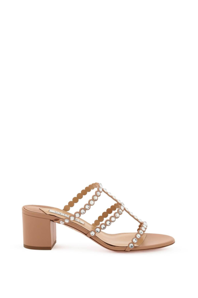 Aquazzura Tequila Embellished Leather Mules In Pink
