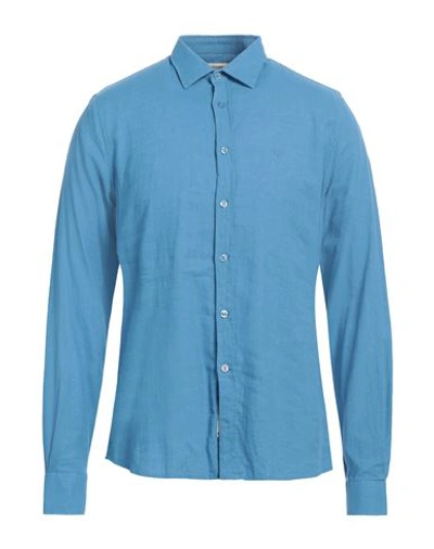 Fred Mello Man Shirt Azure Size S Linen, Cotton In Blue