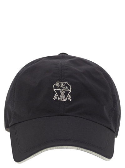 Brunello Cucinelli Water-repellent Microfibre Baseball Cap With Contrasting Details And Embroidered Logo In Navy Blue