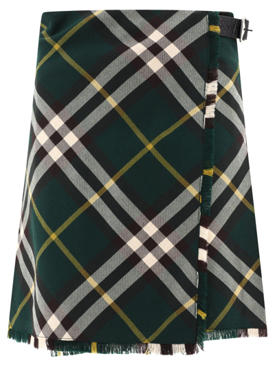 Burberry Check Wool Kilt In Green