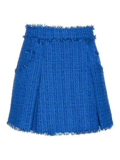 Balmain Tweed Pleated Flare Mini Skirt In Blue