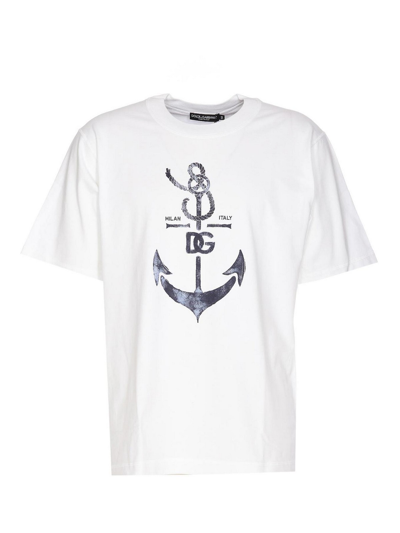 Dolce & Gabbana Oversized White T-shirt With Branded Anchor Print In Cotton Man In Blanco