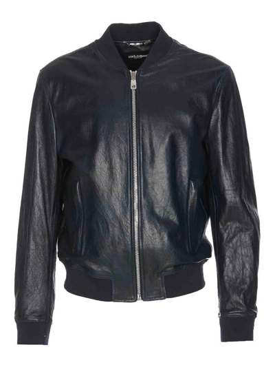 Dolce & Gabbana Classic Leather Jacket With Embossed Logo Patch In Black