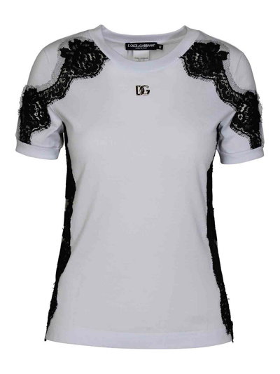 Dolce & Gabbana Lace Detail Cotton Blend T-shirt In White