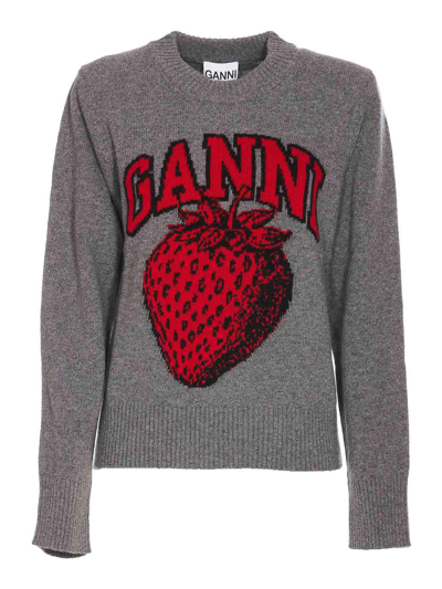 Ganni Graphic Strawberry O-neck Pullover In Grey