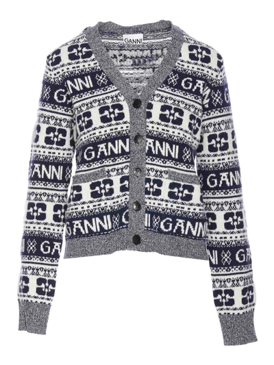 Ganni Graphic Blue Cardigan In Multi-colored