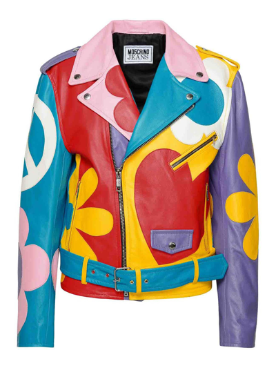 Moschino Jeans Graphic Printed Leather Jacket In Multicolour