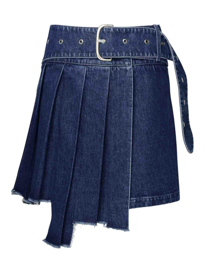 Off-white Pleated Asymmetric Denim Skirt In Blue