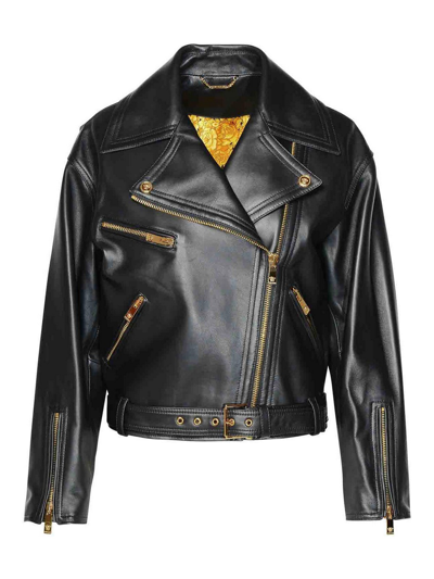 Versace Plonge Leather Moto Jacket In Black