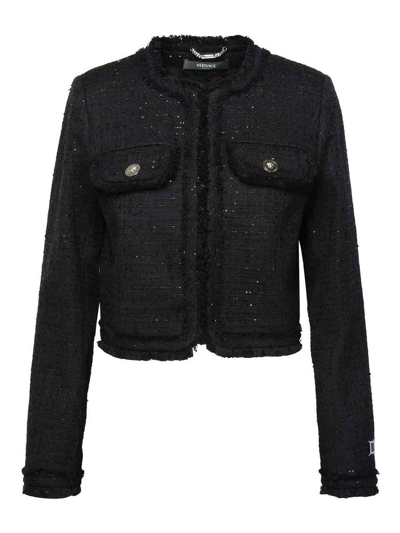Versace Informal Fringe Tweed Jacket In Black