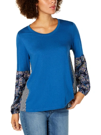 Style & Co Womens Printed Crew Neck Pullover Top In Blue