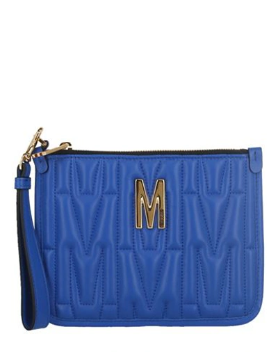 MOSCHINO MOSCHINO QUILTED LOGO WRISTLET WOMAN HANDBAG BLUE SIZE - TANNED LEATHER
