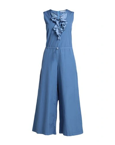European Culture Woman Jumpsuit Slate Blue Size Xl Cotton, Silk