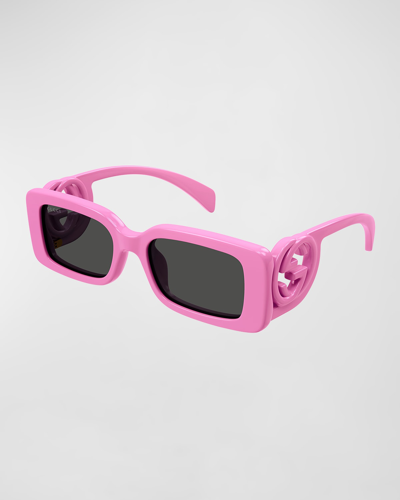 Gucci Monochrome Gg Rectangle Acetate Sunglasses In Pink Dark Grey