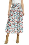 THE GREAT THE VIOLA BUTTERFLY SMOCKED WAIST COTTON MIDI SKIRT