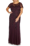 ADRIANNA PAPELL BEADED FLORAL GODET GOWN