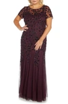 Adrianna Papell Beaded Floral Godet Gown In Night Plum