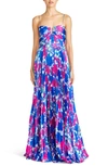 ML MONIQUE LHUILLIER EVELYN FLORAL PLEATED SATIN GOWN