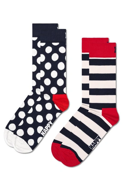 Happy Socks Classic Big Dot & Stripes Assorted 2-pack Cotton Blend Crew Socks In Dark Blue