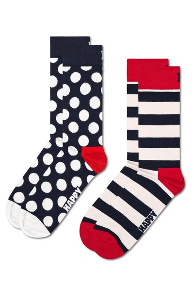 HAPPY SOCKS CLASSIC BIG DOT & STRIPES ASSORTED 2-PACK COTTON BLEND CREW SOCKS