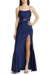 Emerald Sundae Juniors' Mesh-panel Side-slit Gown, Created For Macy's In Navy