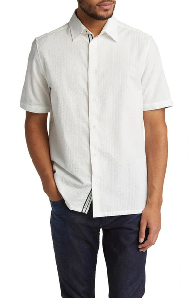 Ted Baker Stansho Solid Cotton Seersucker Short Sleeve Button-up Shirt In White