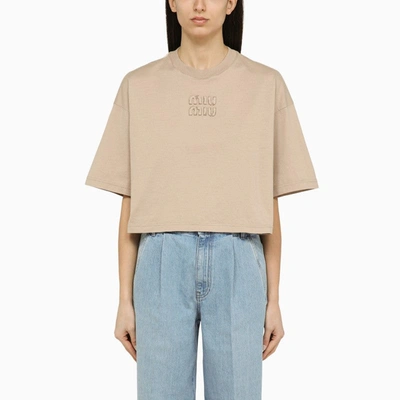 Miu Miu Cropped Beige Cotton T-shirt With Logo Women In Multicolor