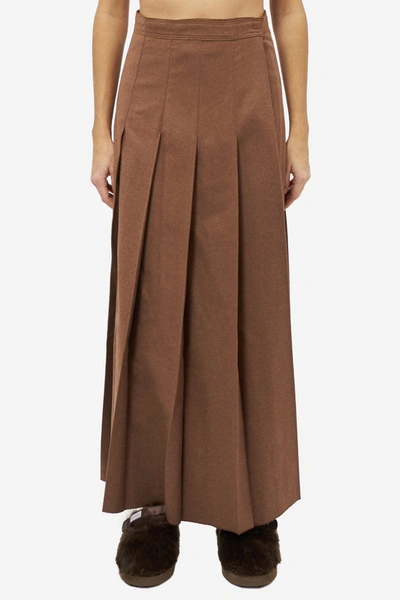 Auralee Twill Pleated  Skirt In Brown Wool