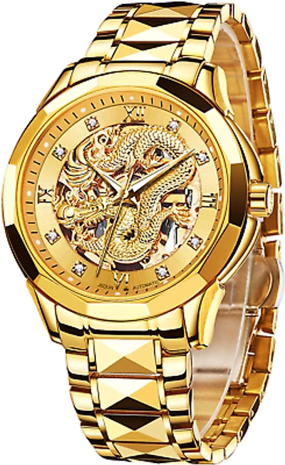 Pre-owned Olevs Watches For Men Gold Automatic Watches Mens Dragon Skeleton Mechanical