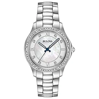 Pre-owned Bulova Ladies' Classic Crystal Stainless Steel 2-hand Quartz Watch White Moth... In Silver
