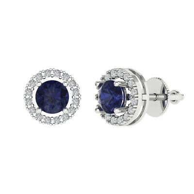 Pre-owned Pucci 1.6 Round Halo Designer Stud Simulated Blue Sapphire Earrings 14kwhite Gold