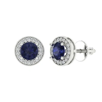 Pre-owned Pucci 3.6 Round Halo Designer Stud Simulated Blue Sapphire Earrings 14k White Gold