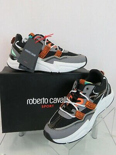 Pre-owned Roberto Cavalli Sport Gray Black Leather Suede Mesh Logo Sneakers 43 10