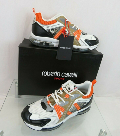 Pre-owned Roberto Cavalli Leather Brown Snake Print Orange Mesh Logo Sneakers 43 10