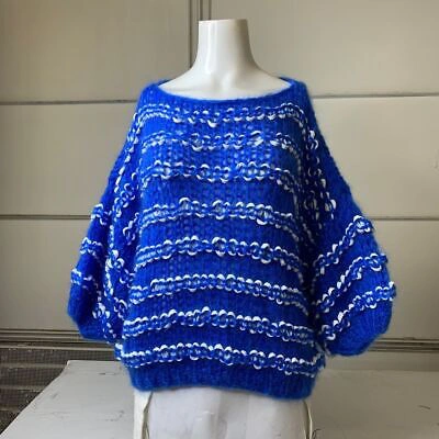 Pre-owned Maiami Wavy Short Sleeve Sweater Women's Size S/m Electric Blue/white