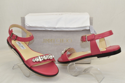 Pre-owned Jimmy Choo City Onpa Pink Leather Ankle Strap Jeweled Sandals Flats 39.5